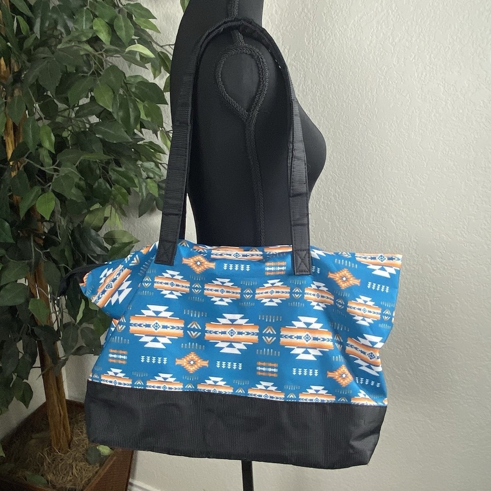 Southwestern Aztec Print Tote Bag Large Blue Orange Travel Beach Carryall